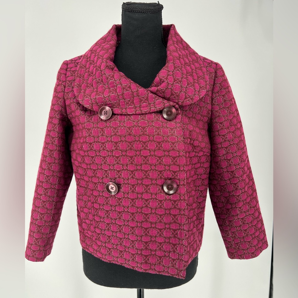 ISAAC MIZRAHI  WINE BLAZER METALLIC‎ GOLD THREAD  VINTAGE COLLAR CROPPED STYLE